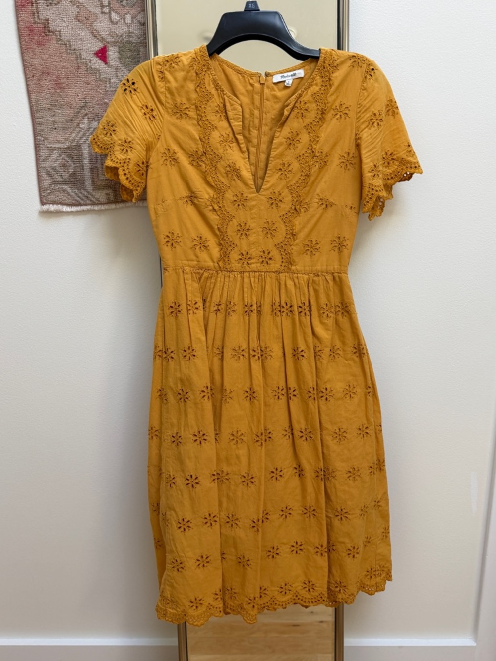 Madewell Mustard Eyelet V-Neck Dress